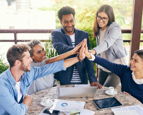 Happy,,Business,People,And,Meeting,With,High,Five,For,Teamwork,